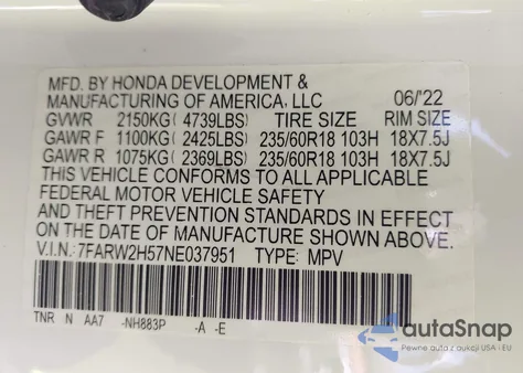 2022 Honda Cr-V Awd Ex from USA, damaged, VIN 7FARW2H57NE037951